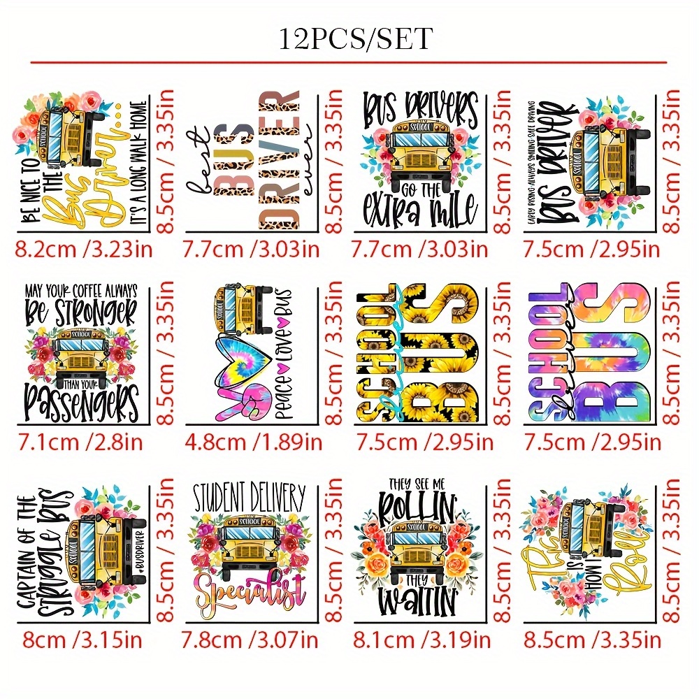 TEMU 12pcs Bus Driver Set - Heat Transfer Coated Prints, Vibrant And Easy-to-apply Designs For Diy T-shirts, Bags, Hats - Iron-on Transfers With