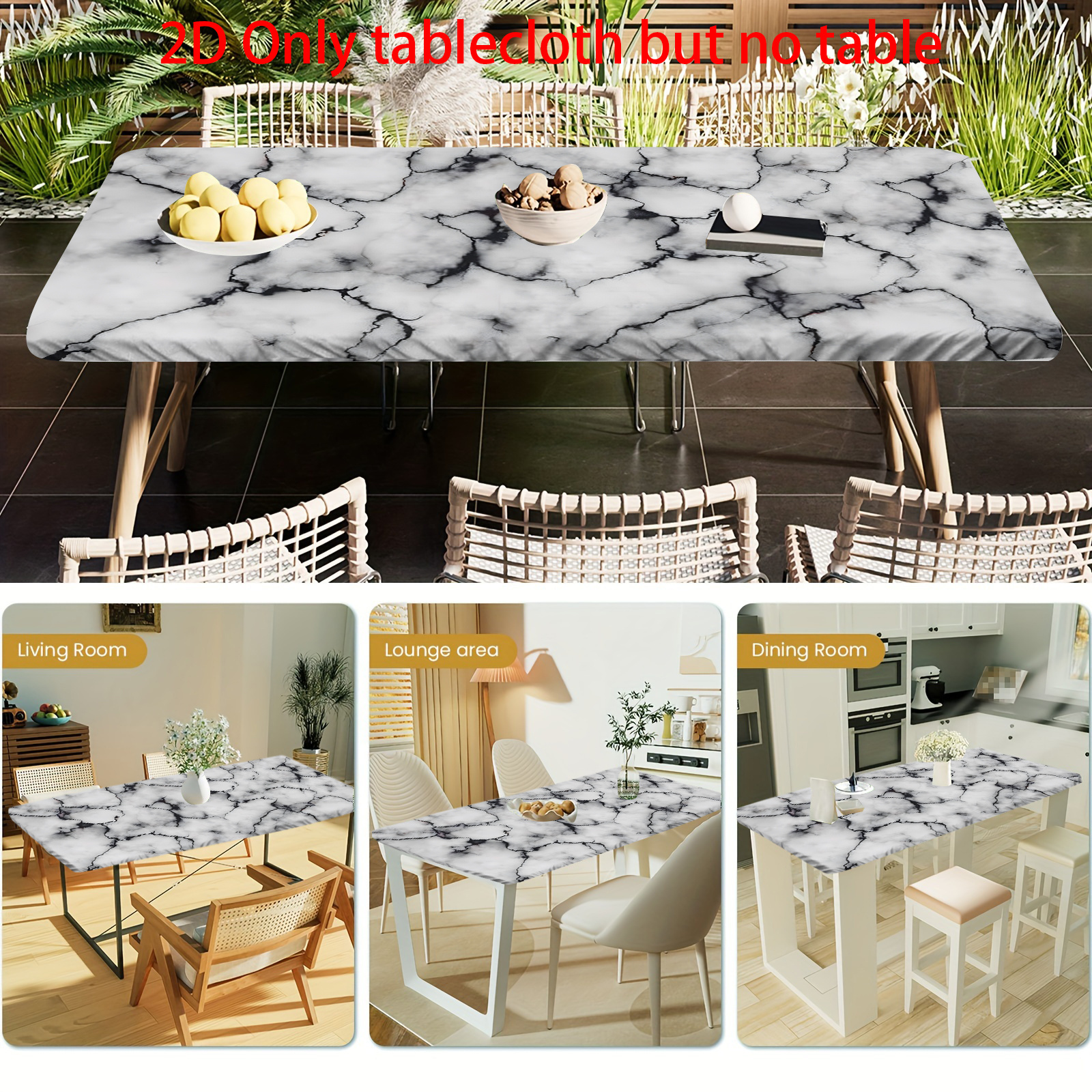 TEMU 1pc Elegant Stretchable Marble Texture Design Pattern Rectangular Tablecloth With Elastic Plastic, Suitable For Picnics, Camping, And Outdoors,
