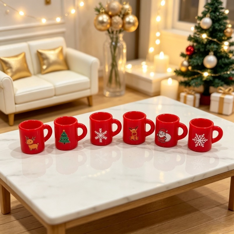TEMU 6pcs Set Of Merry Christmas Cups, Featuring Santa Claus, Christmas Trees, Snowflakes, And Reindeer Patterns, Suitable For Dollhouse Kitchen