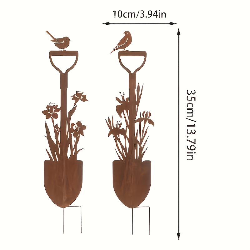 E-shop [2D Flach] 2 Stk. Bodenhaken in rustikalem Stil, verrostete Schaufel mit Blumen-, Pflanzen- – Dekorative Außenkunst – Geeignet für Garten-,