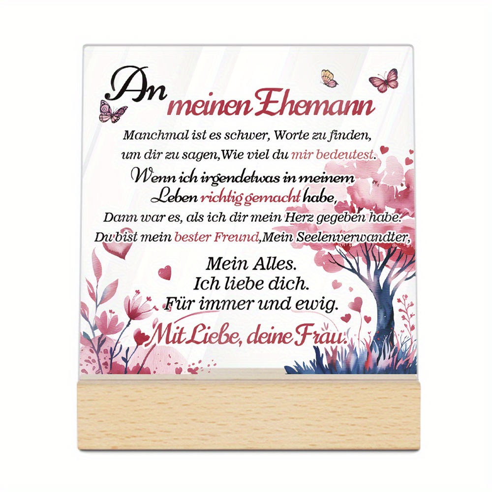 Image of 2d Flat, 2d Flat Putuo Decor 1pc German Acrylic Sign With Wooden Base, Table Decoration For Home Room, Gift For Husband - "to My Husband: Find Words To You, 2d Flat