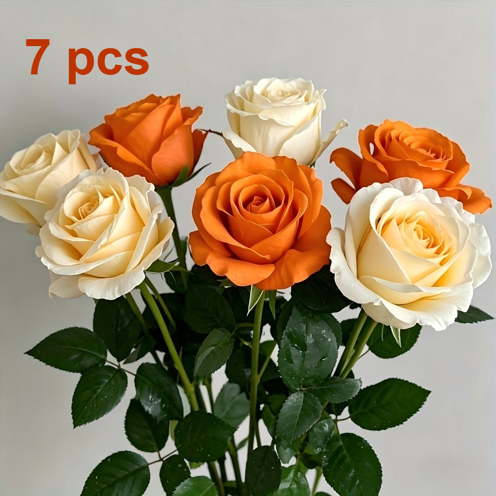 TEMU 7pcs Roses Artificielles d'Automne Multicolores, Roses Longues Champagne et Orange, Artificielles Réalistes, Décoration de Fête de Thanksgiving,