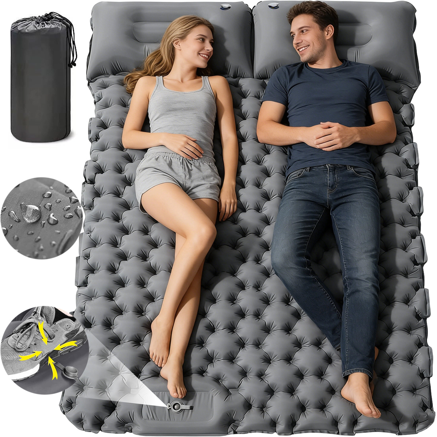 Image of Portable Double Inflatable Sleeping Pad, Ultralight 2-person Camping Inflatable Sleeping Pad With Pillow And Built-in Foot Pump, Perfect For Tent, Backpacking, Hiking, And Traveling