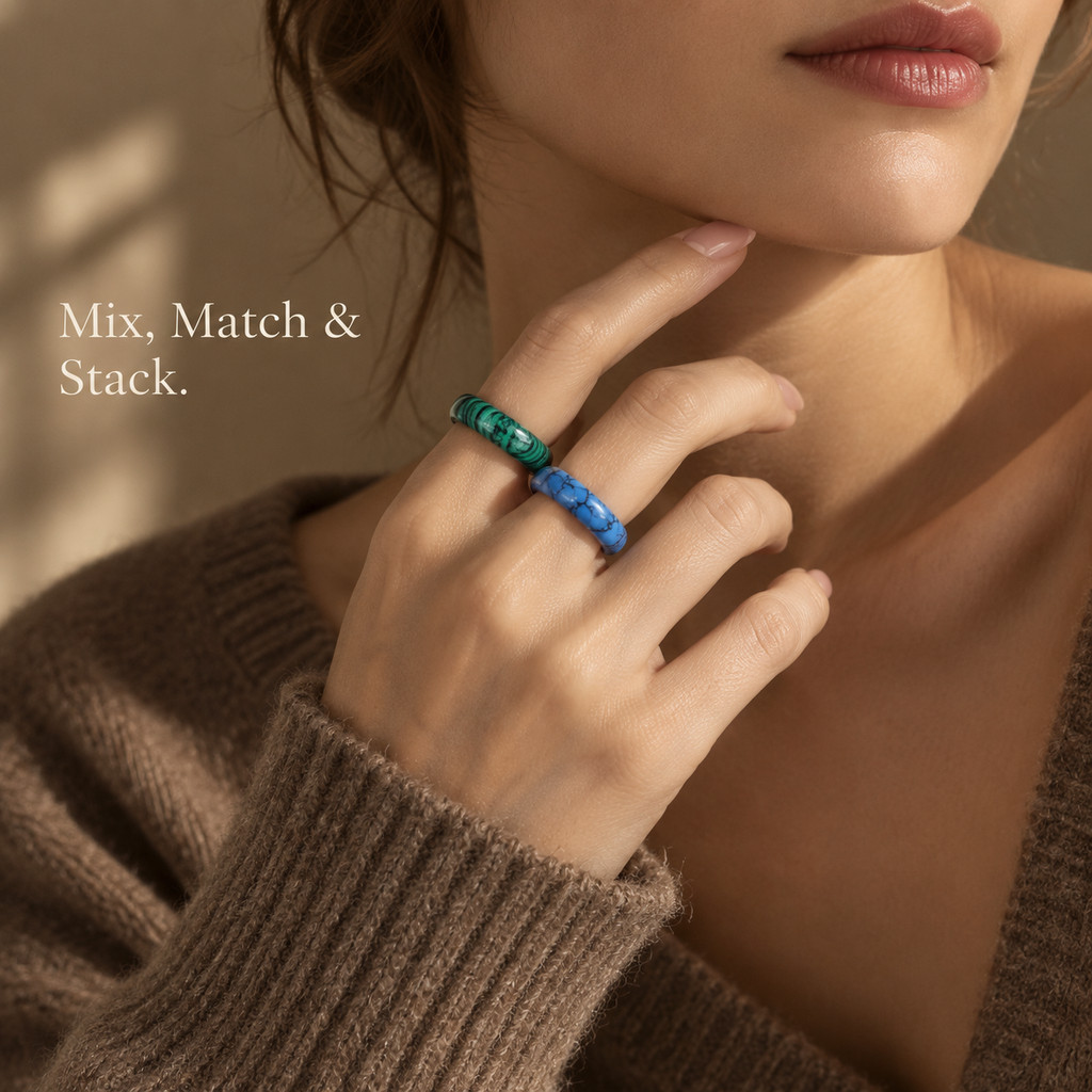2pcs Malachite & Turquoise Stone Rings for Women, Stackable