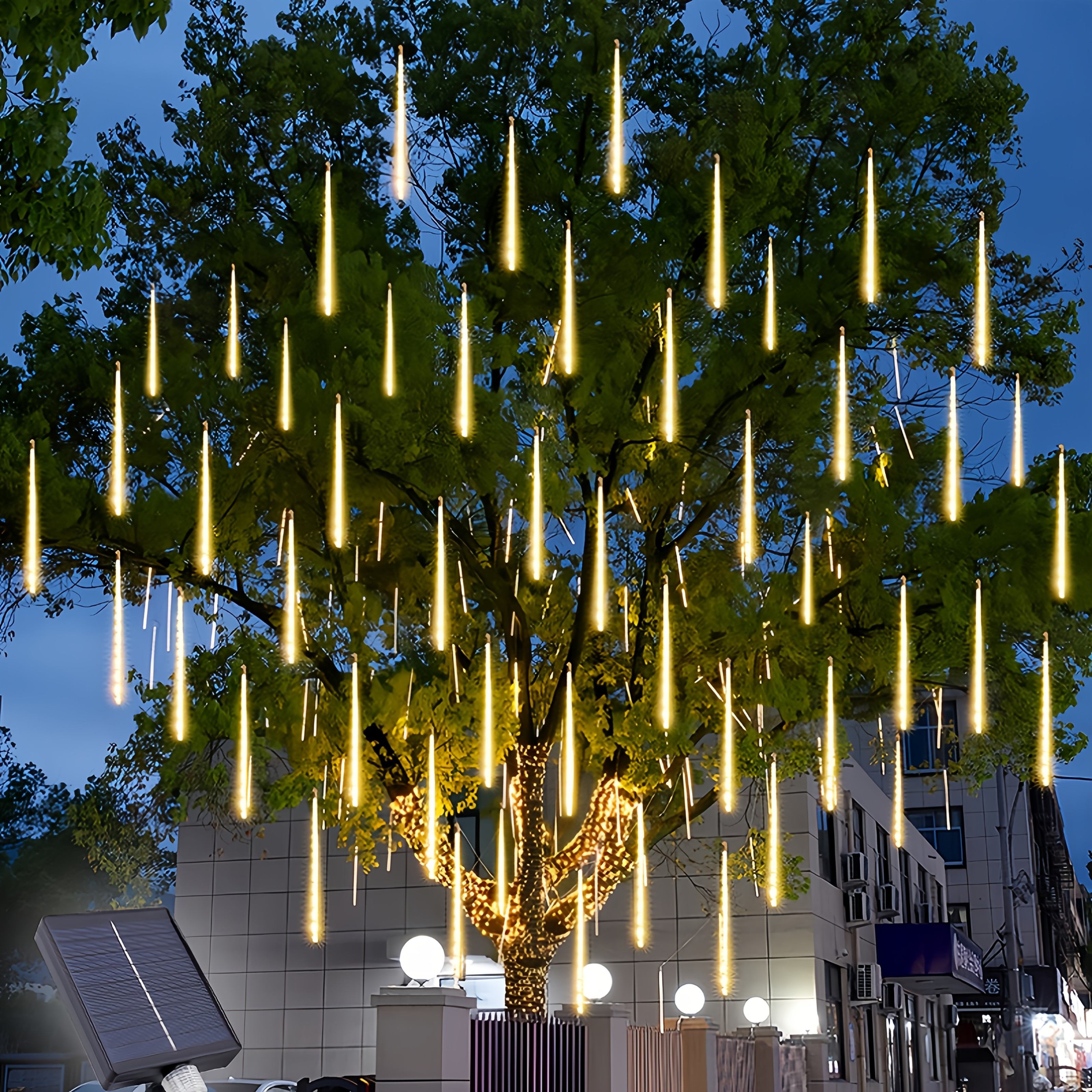 TEMU 1pc Solar Meteor Shower Light, Icicle Christmas Lights With 8 And 192 Led Twinkling Tubes For Indoor& Outdoor Use - Perfect For Trees, Gardens,