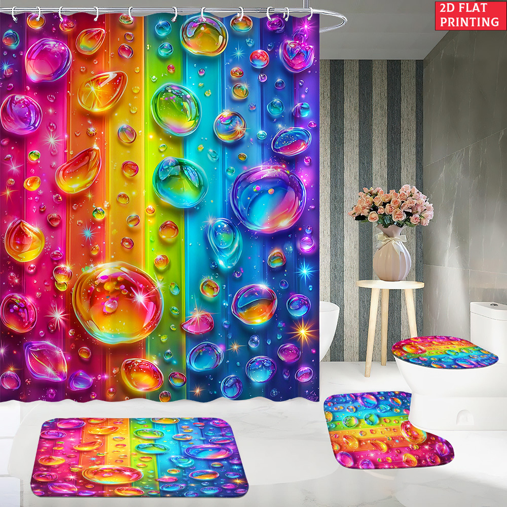 4pcs Rainbow Drops Pattern Shower Curtain Set with Bath Mat