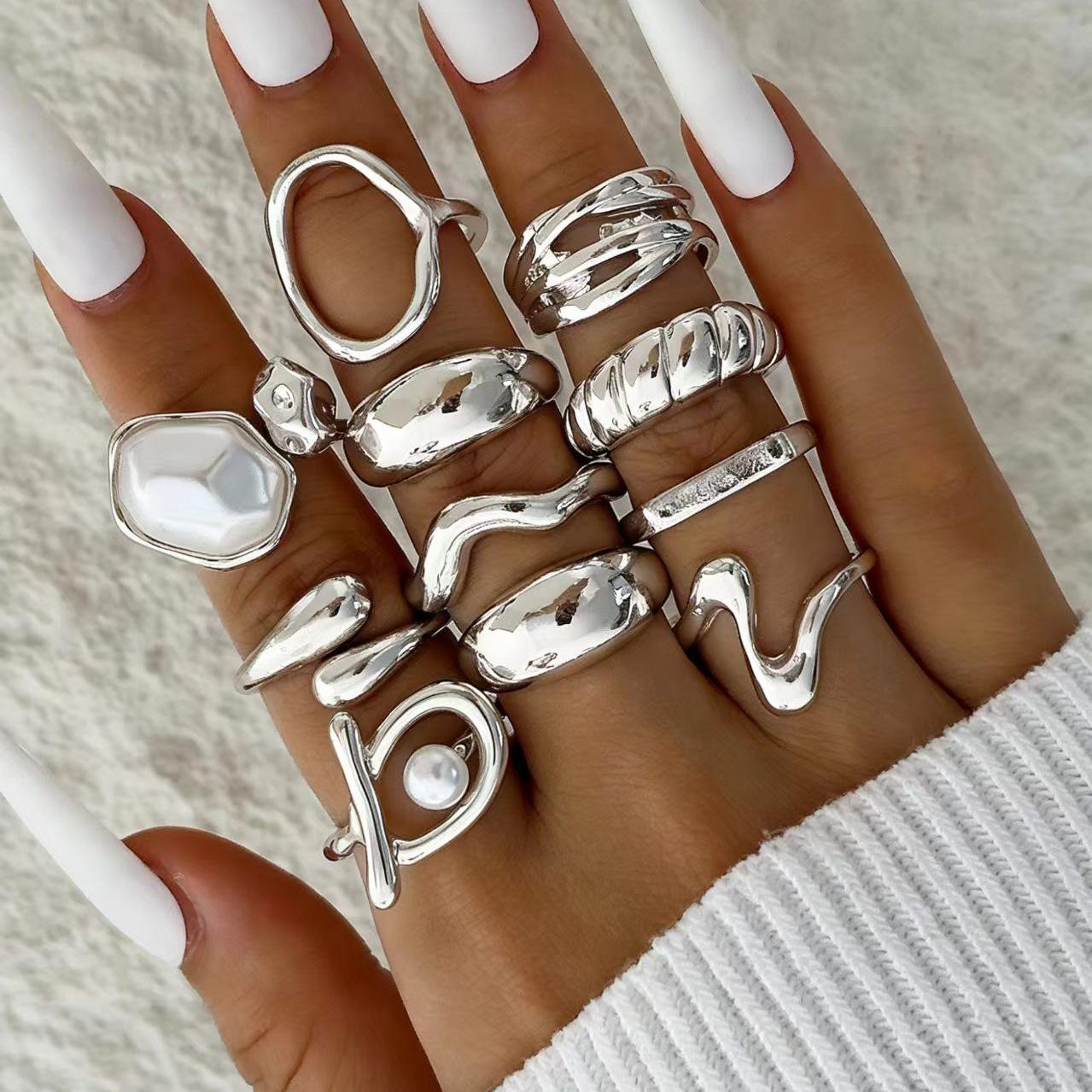 TEMU 11pcs Women's Plated Retro Snake Wave Rings - European Style Layered Stackable Wide Thin Hollow-out Snake Scale Suitable For Daily Wear & Party