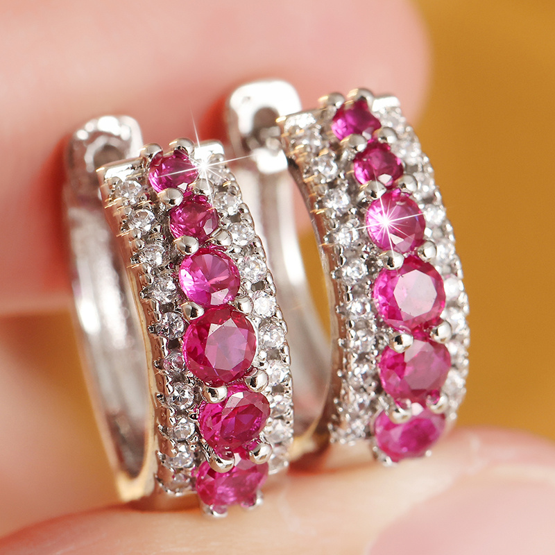 Women's Rose Red Synthetic Zirconia Curved Ear Buckle Earrings