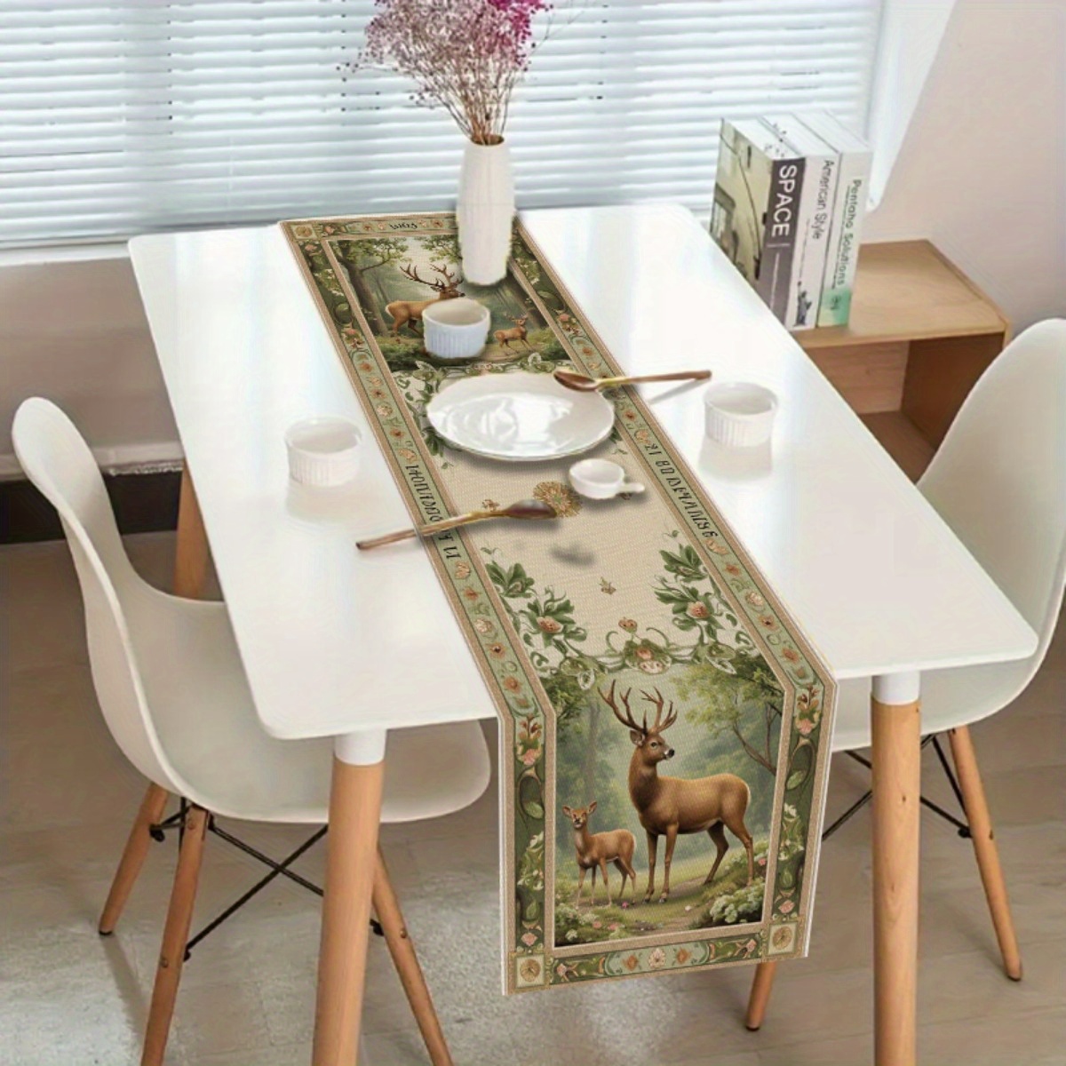 TEMU 1pc Vintage Forest Reindeer Table Runner - Polyester Fabric Country Style Floral & Deer Design, Warm For Kitchen Dining Table, Durable Easy-