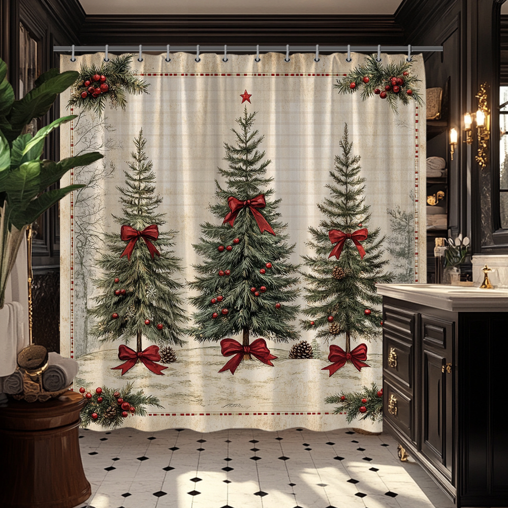 TEMU Rideau de douche de Noël 2D plat, motif 2D, 1 pièce, motif 2D, avec sapin de Noël vintage et nœud rouge, décoration de salle de bain de ferme