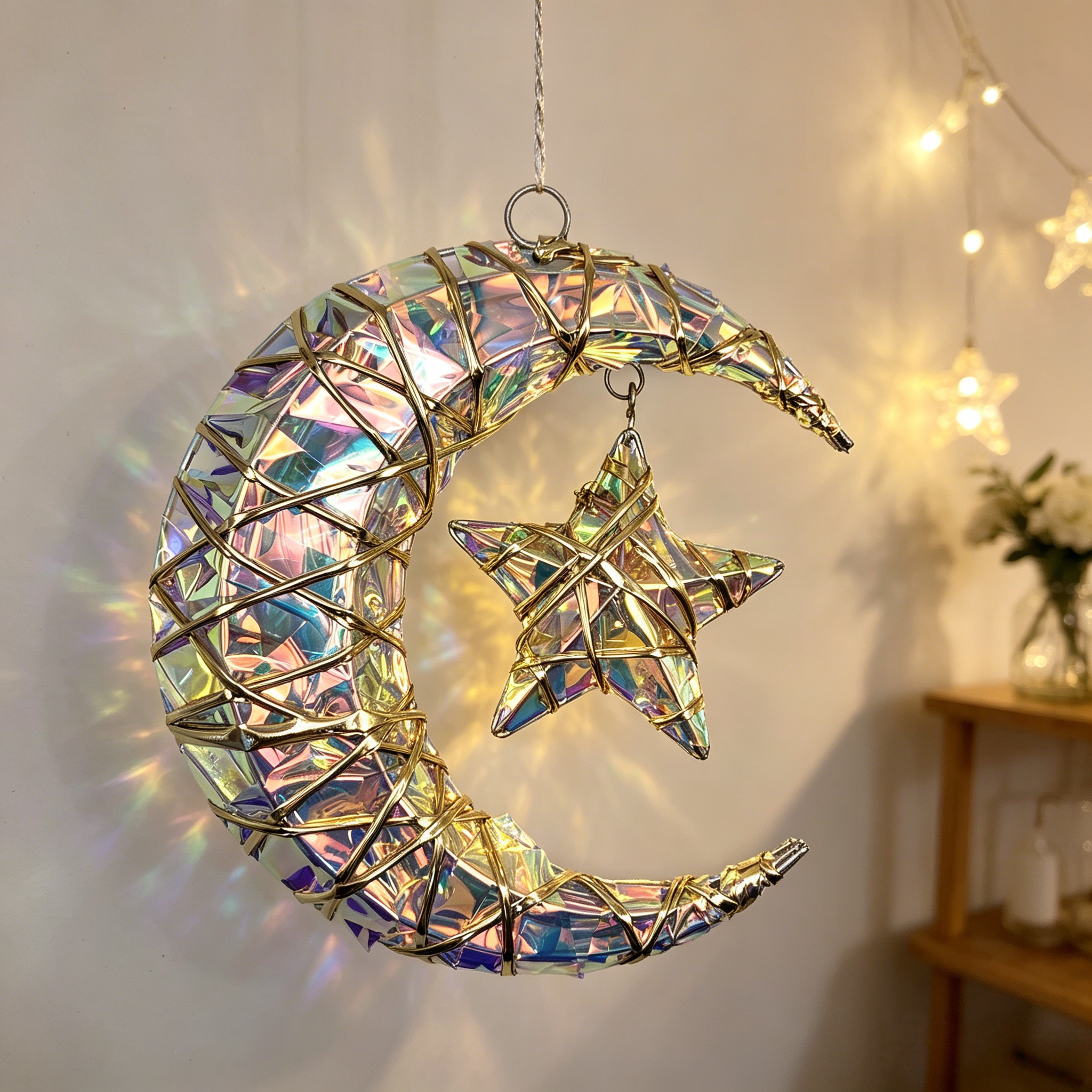 TEMU 8-inch Iridescent Star And Moon Hanging Ornament; Suitable For Eid, Ramadan, And Christmas Decorations, As Well As Everyday Home Decor. Features