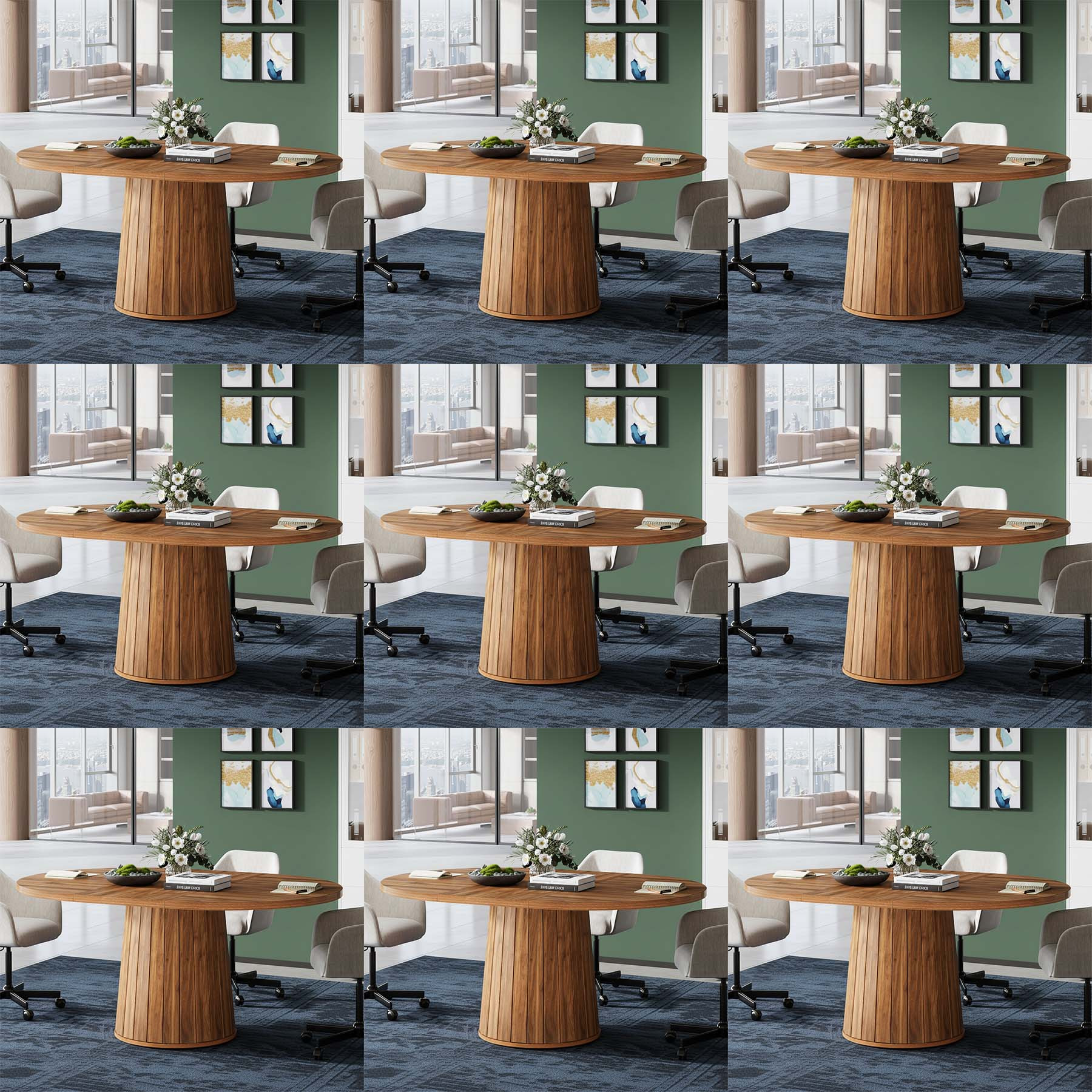Farmhouse-style Office Table Measuring 55.11 Inches, Designed To 6 Individuals, Featuring A Wooden Surface And A Cylindrical Base
