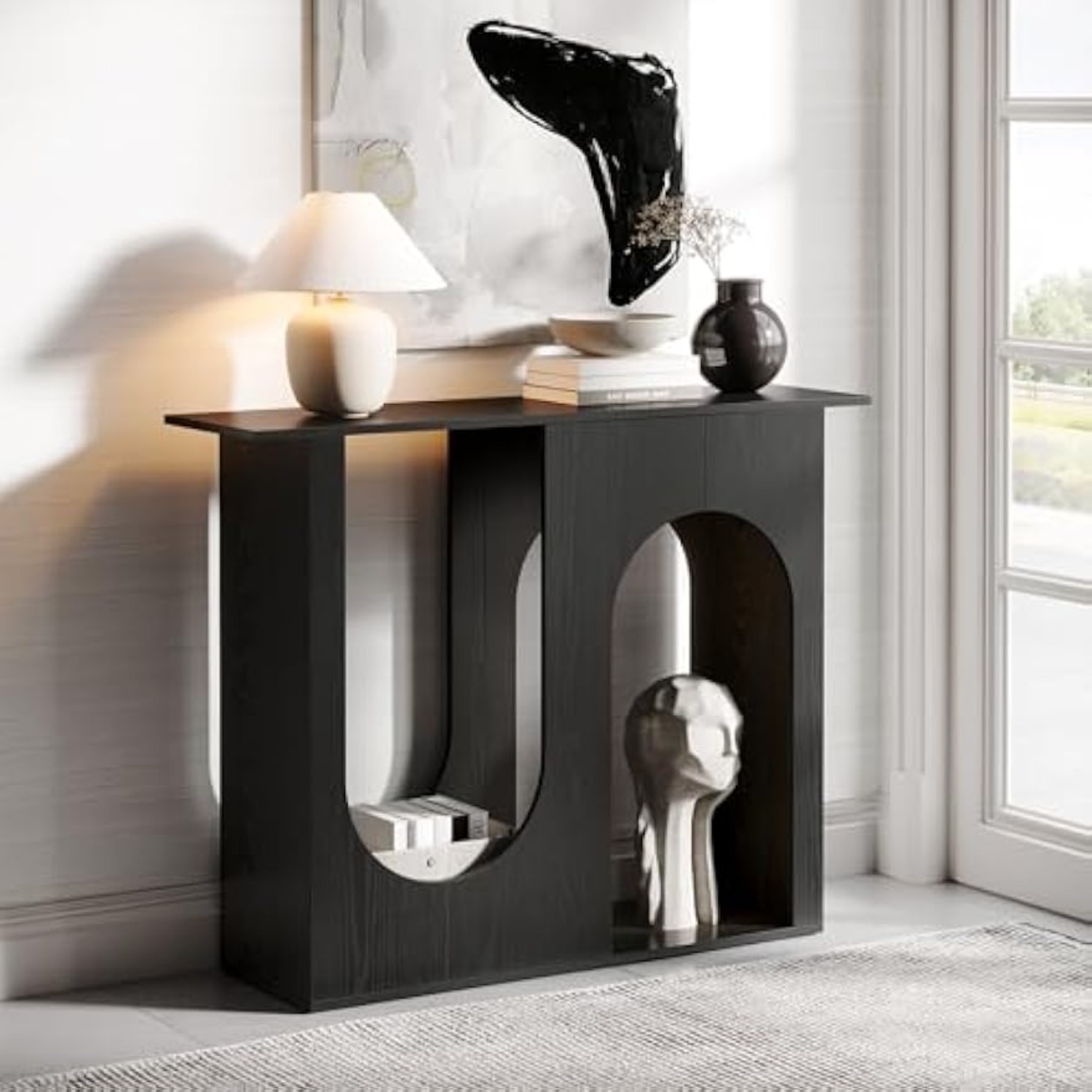 39.4'' Black Console Table, Narrow Sofa Table Behind The Couch With Arched Design, Modern Foyer Console For Entrance, Hallway, Living Room, , Easy Assembly