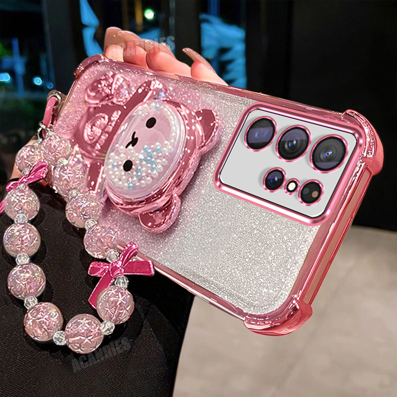 TEMU Phone Case: Acanries Luxury Star Bead Wrist Strap Chain Lanyard With Cute Quicksand Bead Bear Folding Stand Holder And Plating Gradient Glitter