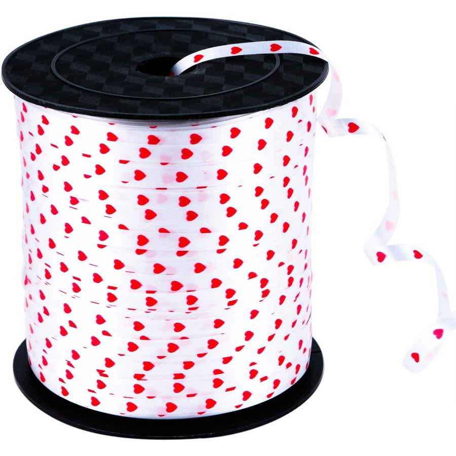Image of 500 Yards Heart Pattern Curly Ribbon, 5mm Width, Red And White Balloon Ribbon For Valentine's Day, Party Decorations, Gift Wrapping, And Arts & Crafts, No Power Required