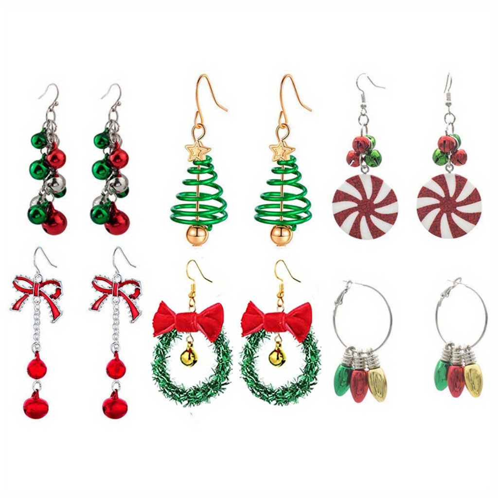 TEMU 6 Pairs/ Set Christmas Series Bell Earrings Set, Tassel Earrings, Christmas Tree, Christmas Wreaths, Elegant Green Jingle, Bow Tassels, Pendant