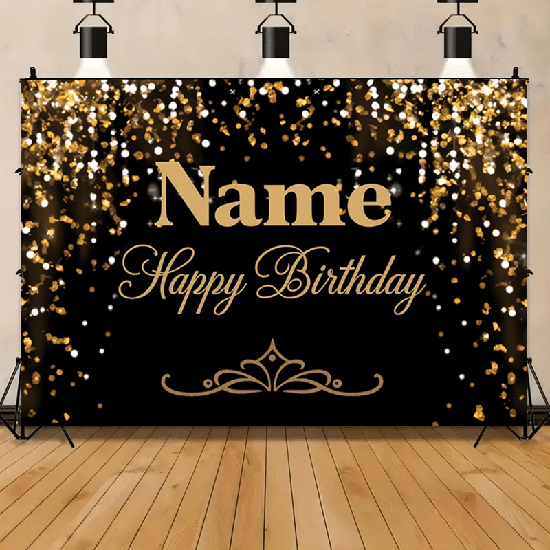 

1pc Bannière de bon anniversaire personnalisée en polyester avec nom personnalisé - Design de noir et doré, idéal pour les décorations de fête, les fonds de photo, pas besoin d'électricité