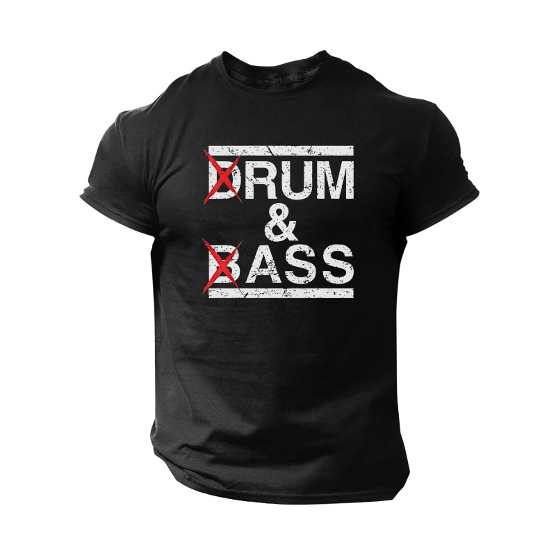 

T-shirt décontracté pour homme à col rond - Tissu en polyester tricoté avec une élasticité moyenne, haut à manches courtes imprimé pour , - T-shirt avec du slogan "Drum & Bass".