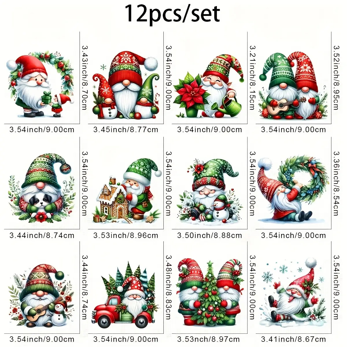 TEMU 12 Autocollants de Transfert Thermique de Gnomes de Noël de Couleurs Mélangées - Durables, Faciles à Appliquer sur les Tissus, les T-shirts, les