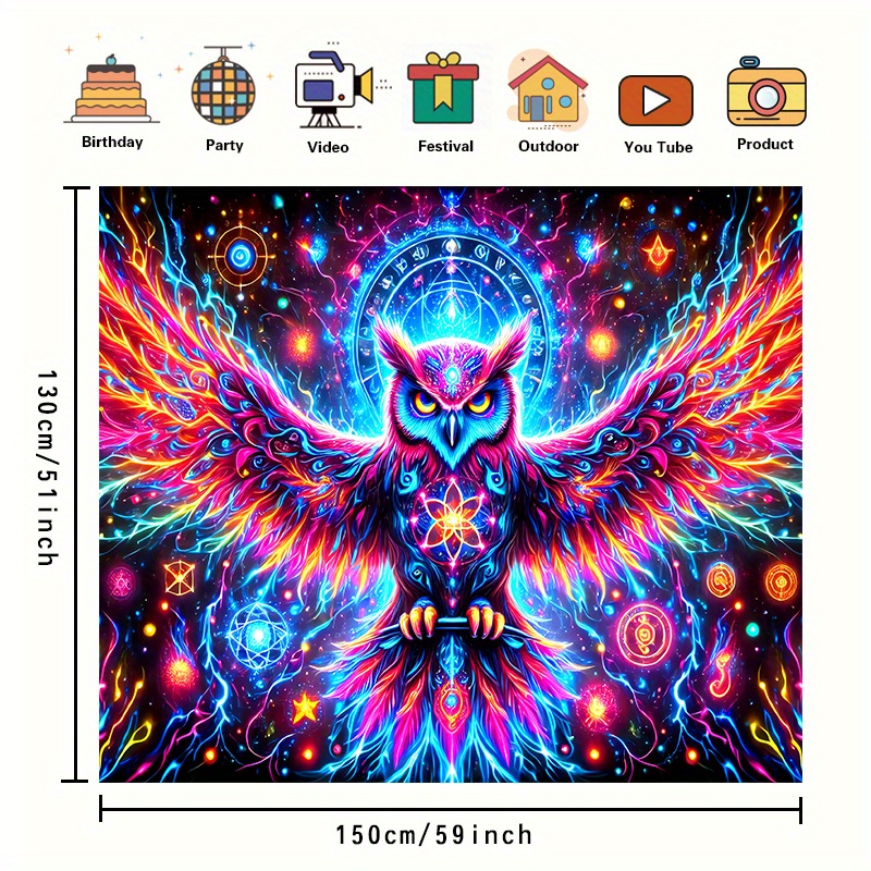 Vibrant 3d Neon Owl Tapestry Psychedelic Wall Hanging For Bedroom_voghion.com