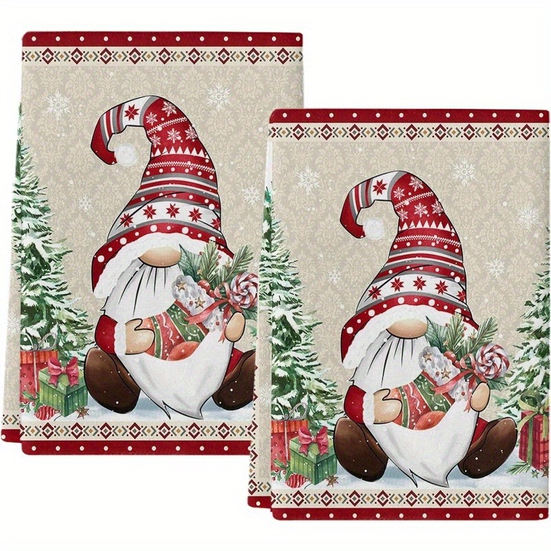 TEMU 2pcs Christmas Gnome Kitchen Towels, Super Soft And Quick-drying, Geometric Snowflake Pattern, Perfect For Dish Scrubbing And Tea Towel Racks