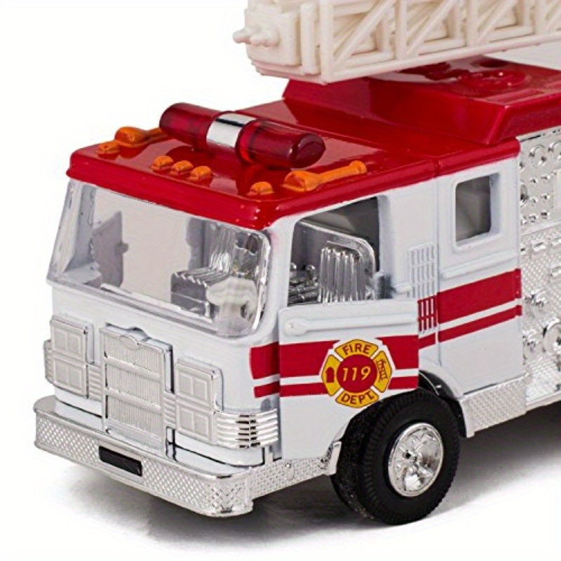 Master Toy'S Collectible Die-Cast Metal Pull-Back Action Sound Fire Engine Truck with Ladder - Red & White Fire Department Rescue Vehicle, Durable Metal Construction, Realistic Design for Play & Display, Playful Design, Detailed Craftsmanship