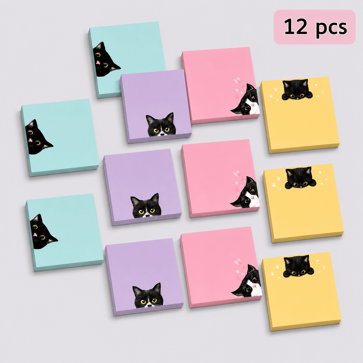 TEMU 12pcs/cat Sticky Notes, 4 Cute Cat Designs, Square Black Cat Themed Stationery, Suitable For Office, School, And Home Storage And Organization,