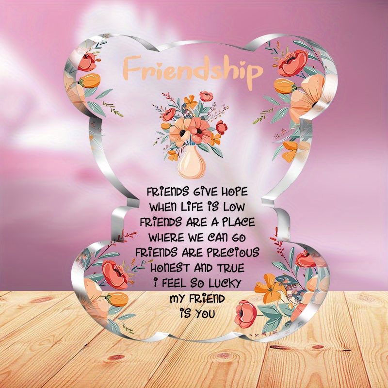 TEMU [2d Flat] 1pc Sweet Friendship Gifts, Bear Shaped Acrylic Tabletop Decorative Plaque & Statues, Inspirational Desktop Art Decor, Acrylic