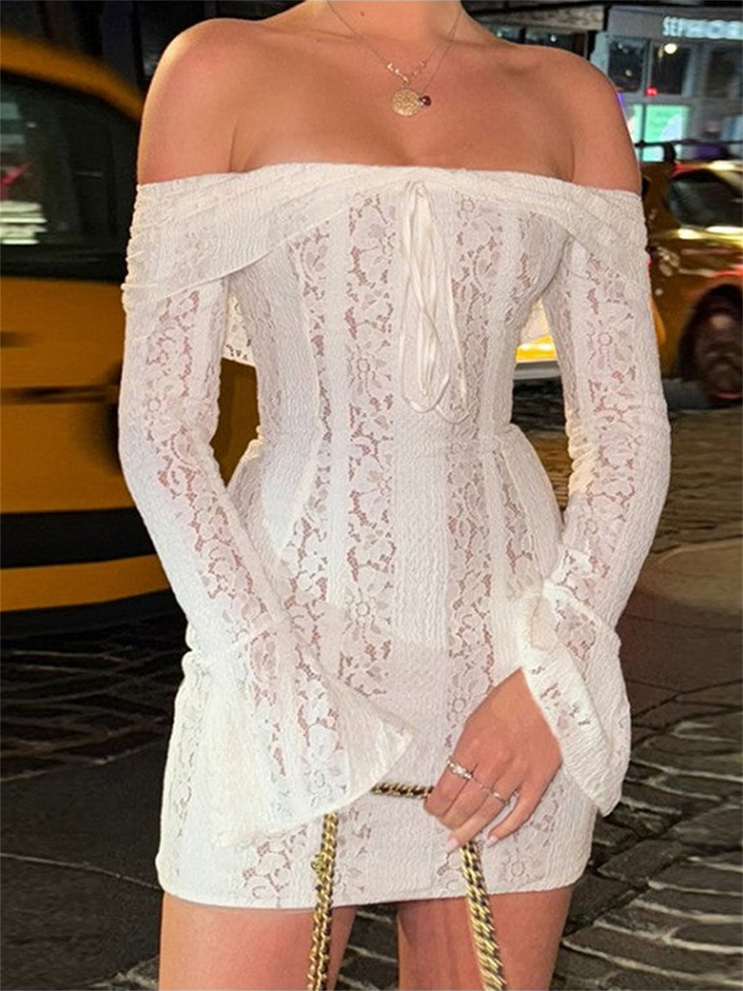 slim fit dress slacks Pencil Sheath Sexy Summer Dress Women Knee Length Balloon Sleeves White Bodycon Floral Lace Dresses White / L main image 0