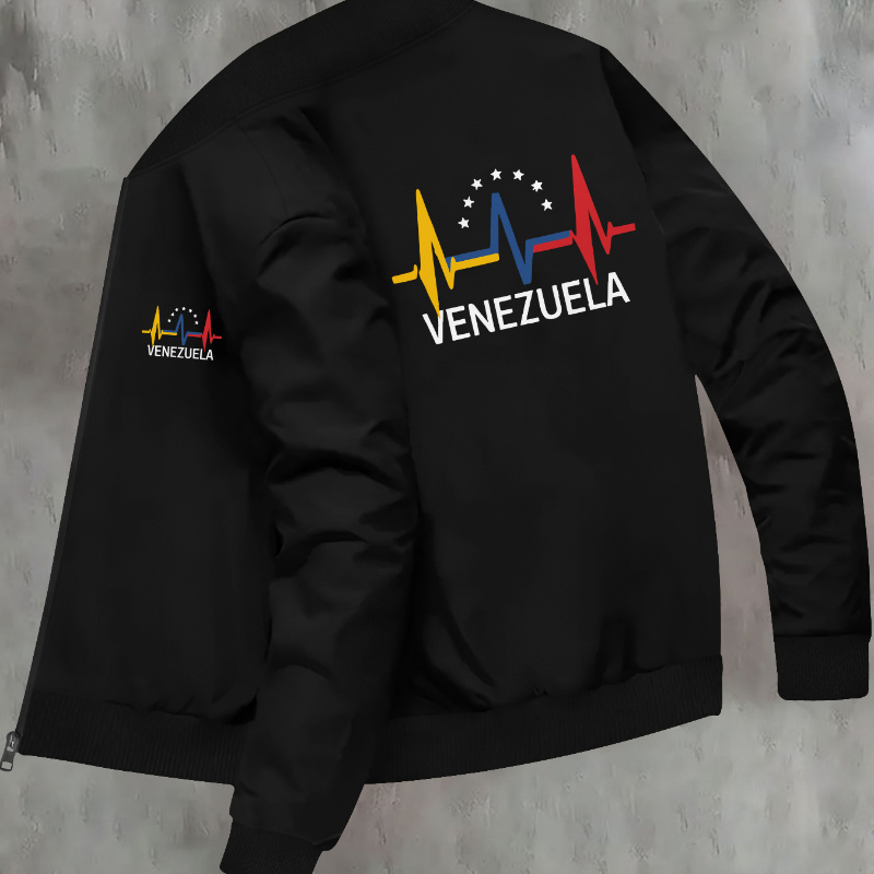 

Men's Venezuela Flag Print Stand Collar Jacket, Casual Polyester Knit Fabric, Zippered Pocket, Slight Stretch, , For Fall/winter