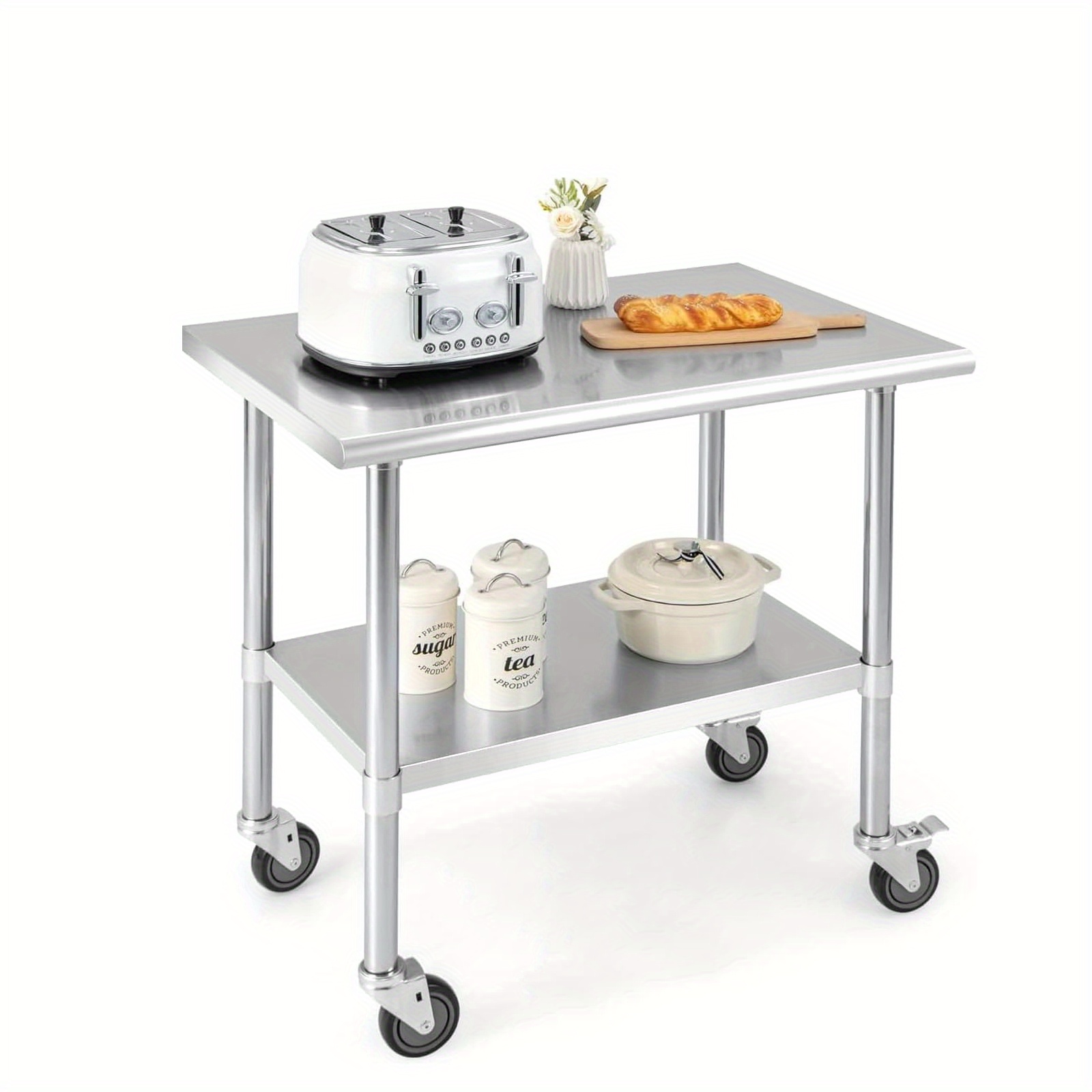 Heavy-duty Commercial Work Table For Restaurants, Featuring A Stainless Steel Surface Measuring 61 X 91.5 Cm, Equipped With Caster Wheels And An Adjustable Undershelf