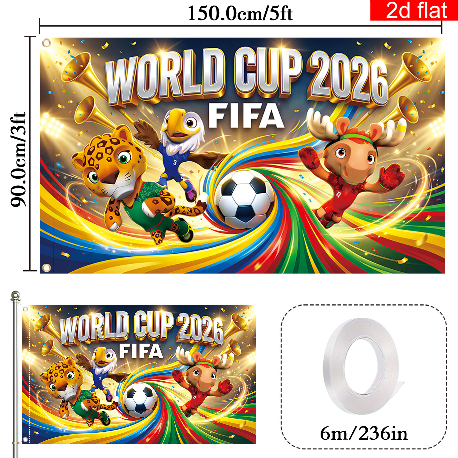 E-shop 2D Flat, 2D Flat - 2D Flat, 2D Flat - Ein 2D-Banner mit den Maßen 3X5 Fuß, mit dem 2026 USA-Kanada-Mexiko-WM-Flaggen-Design aus Polyester,