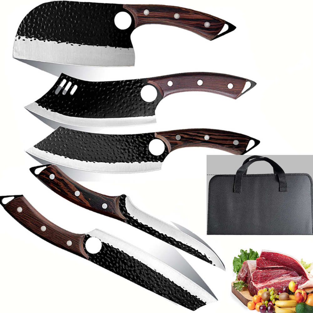 Set de 5 cuțite de bucătărie cu husă de transport, accesorii de bucătărie, set de cuțite de bucătar, set de bucătărie, cuțit de bucătar forjat manual, cuțit de tăiat, cuțit din oțel inoxidabil cu mâner din lemn, cuțit de bucătar, ustensile de bucătărie, gadgeturi și accesorii de bucătărie