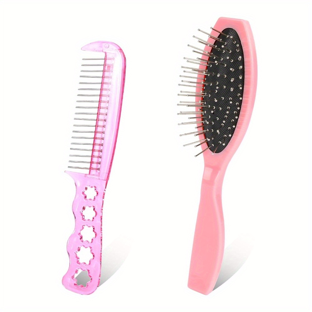 TEMU 2pcs Wig Brush Set - Stainless Steel Metal Bristle Comb And Cushion Detangling Brush For Hair Extensions, Wigs, And Wet Hair (pink)