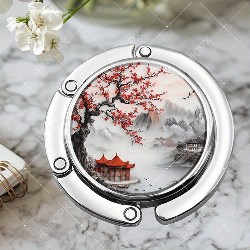TEMU 1pc 1pcs Crochet Métallique Élégant Arbre de Prunier Chinois & Pavillons - Pince Pliable Portable Adaptée pour Portefeuille, Accessoire de Sac,