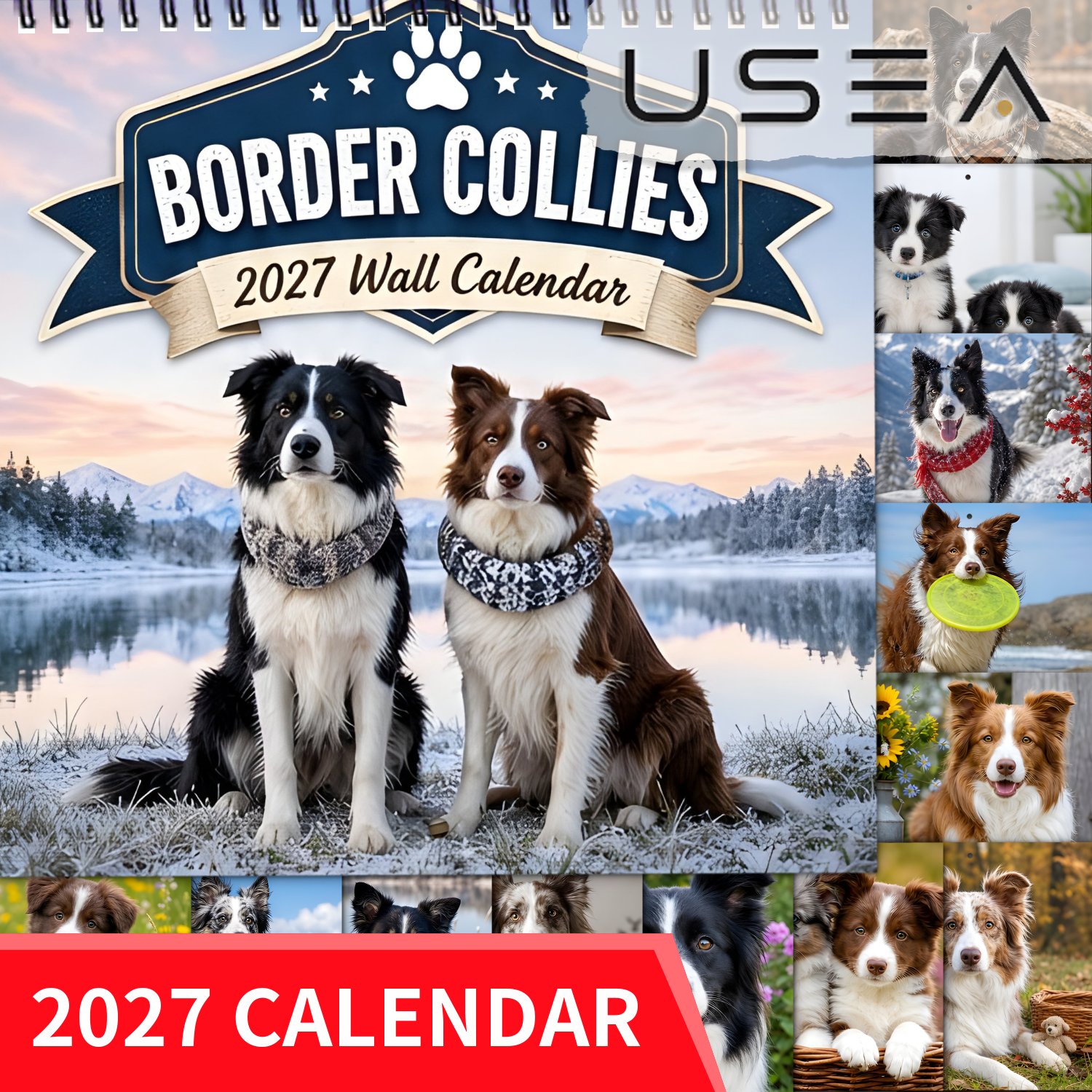 TEMU Hanging Wall Calendar, Border Collies Wall Calendar, 12-month Monthly Planner Organizer, Twin Wire Spiral Bound, Square Large Blocks, Rustic