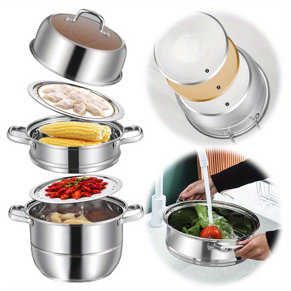 versatile 11 stainless steel steamer pot with tempered glass lid 3 tier thick bottom for healthy cooking of vegetables dumplings more details 1