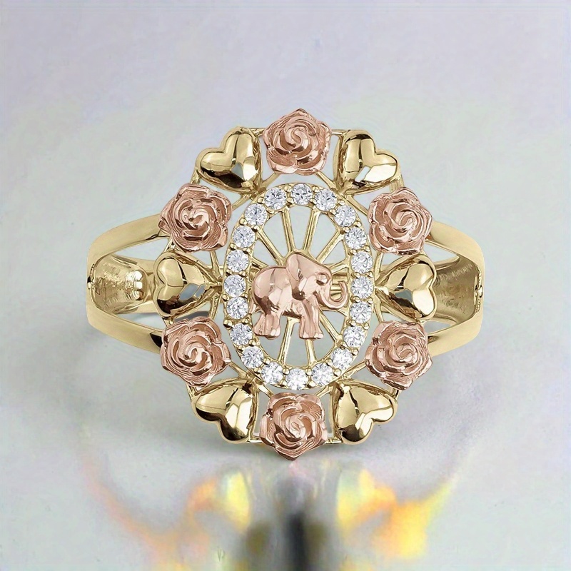 TEMU Creative And Exquisite Design - , Engraved With Elephant Pattern Women's Ring, Inlaid With Synthetic Zirconia Jewelry, A Holiday Gift For Female