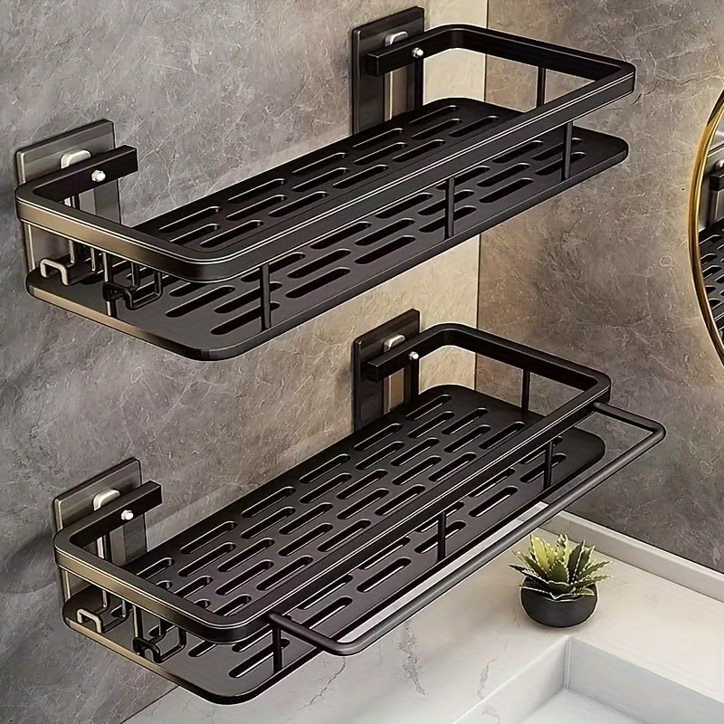 imagen del artículo juego de 2 estantes de almacenamiento de pared negros, estantes de plástico   resistencia sin taladro, estantes de ducha para baño y cocina