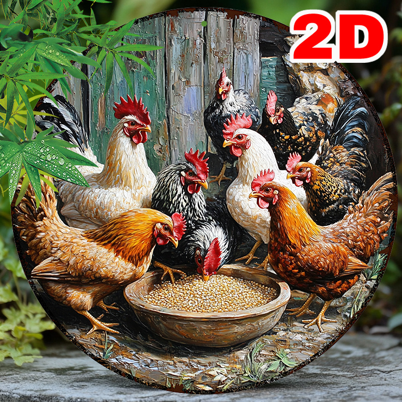 

1pc Farmhouse Style Chicken Feeding Scene Aluminum Wall Art, 2d Metal Sign, Eating Decorative Plaque For Home, Kitchen, Cafe