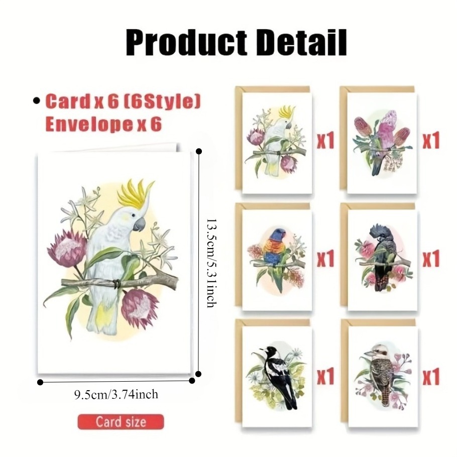 TEMU Ensemble de 12 cartes de vœux sur le thème des oiseaux australiens (6 cartes et 6 enveloppes) - Design d'illustration unique, parfait pour les