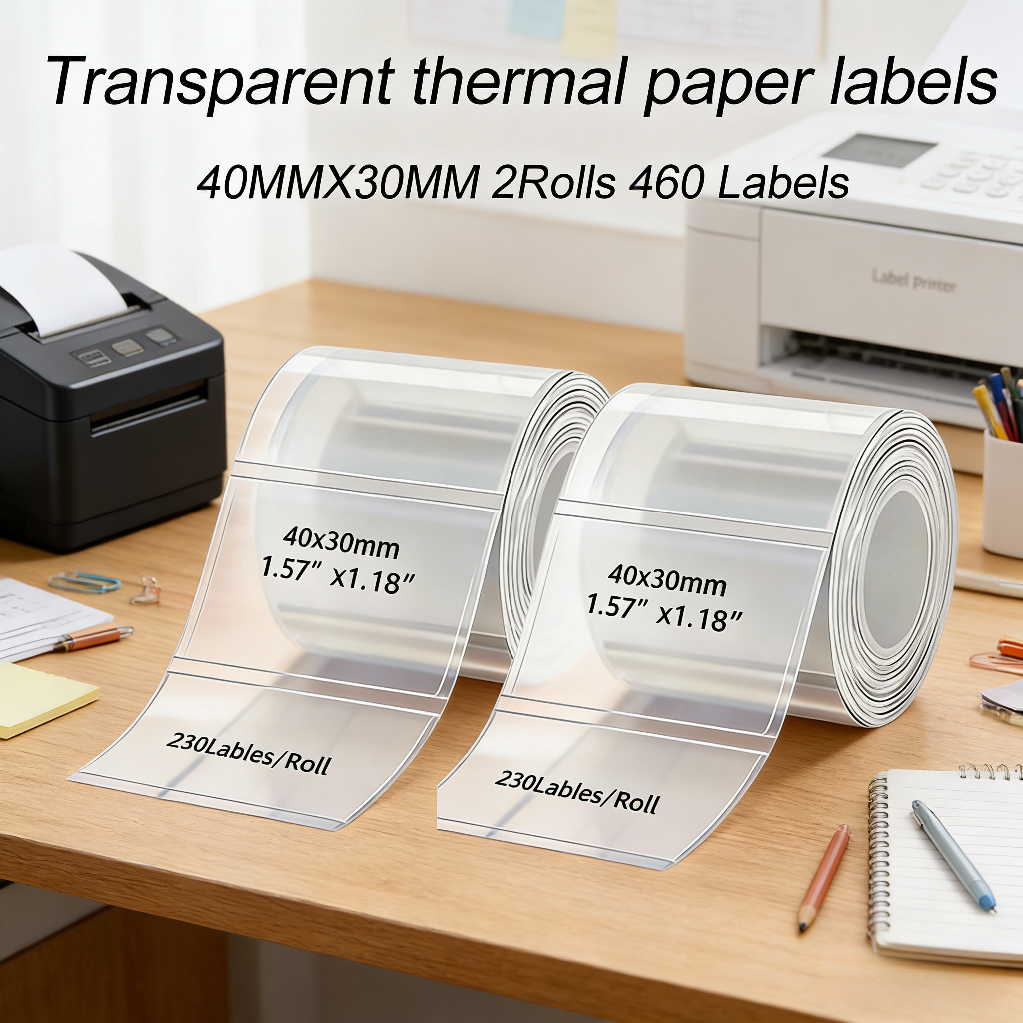 TEMU Transparent Square Thermal Label Stickers, 2-roll Pack(230 Sheets Per Roll), Inkjet Printable, Self-adhesive, Compatible With M110/m220/sk58/p50
