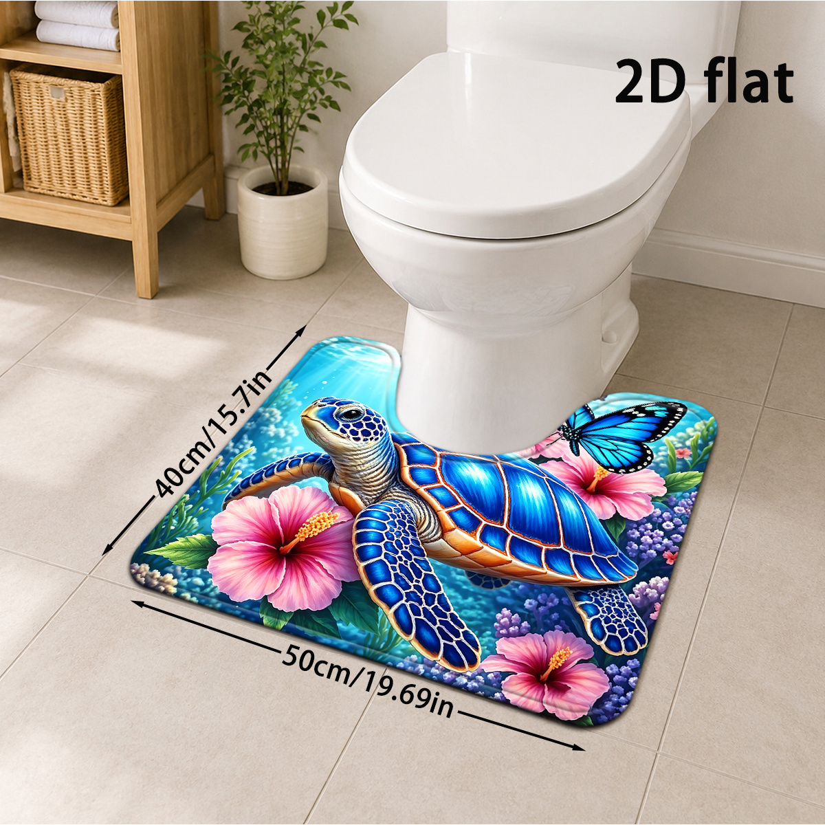 TEMU 2d Flat, 2d Flat 1pc Turtle, Hibiscus Flower, , Beautiful Bathroom Mat, Bohemian Style Holiday Floor Mat, U-shaped Toilet Mat, Soft Thick