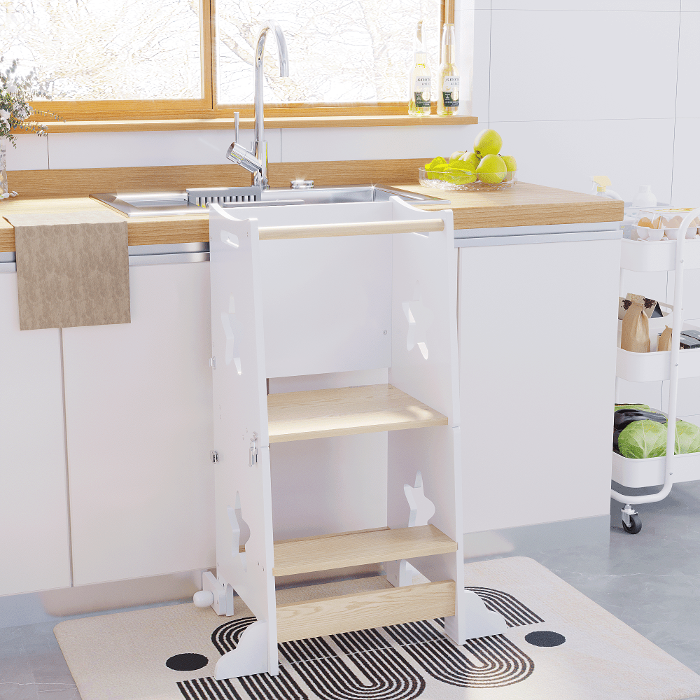 3-In-1 Kitchen Step Stool, Foldable Learning Standing Tower with Blackboard, Wooden Kitchen Stool Helper for Kids, Old Boy Girl Gifts