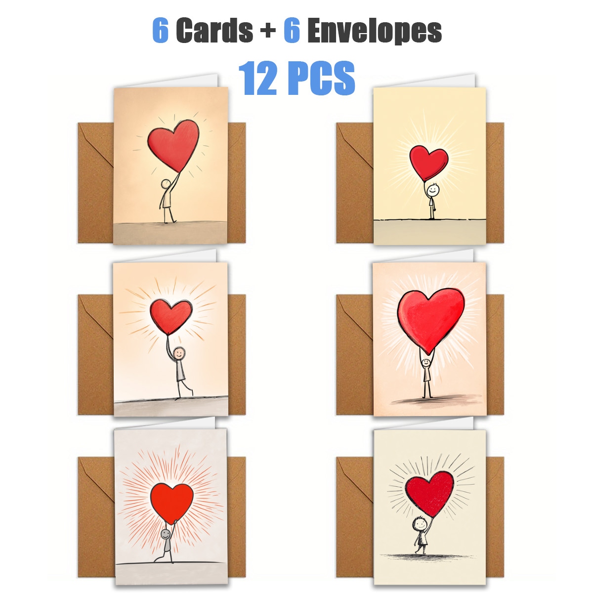 TEMU 1 Set/12pcs/24pcs Valentine's Day Small Figures Holding Red Hearts Greeting Cards | Includes Envelopes, Cards | Perfect For Couples, Birthdays,
