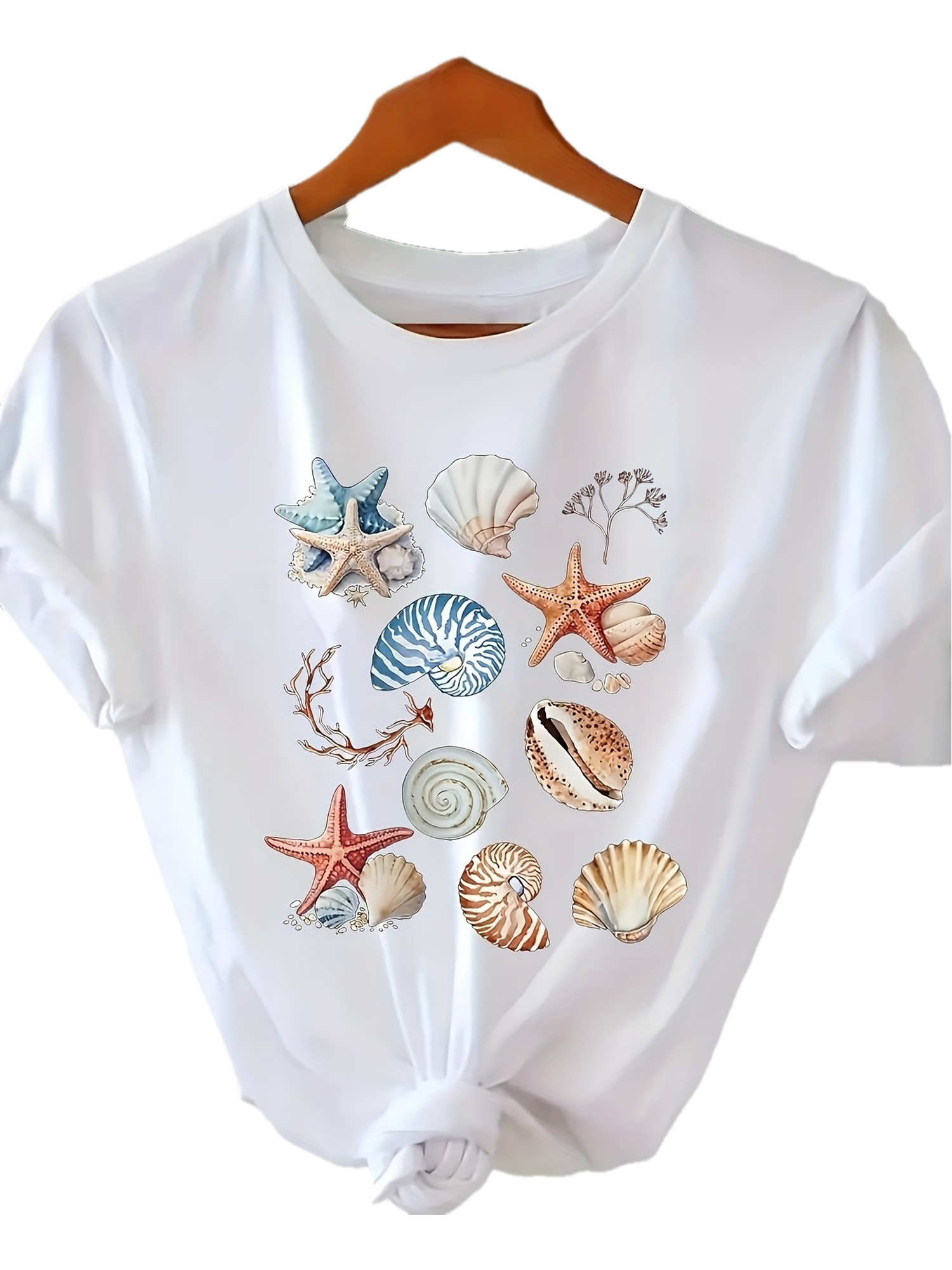 casual womens beach t shirt light beige   shell and   pattern top soft daily summer round neck shirt machine washable coastal vacation outfit