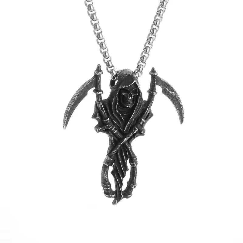 TEMU 1pc Vintage Reaper Skull Pendant Necklace, Dual Design, Gothic Punk Style, Vintage Metal Charm Jewelry, Suitable For Men And Women, Daily Wear,