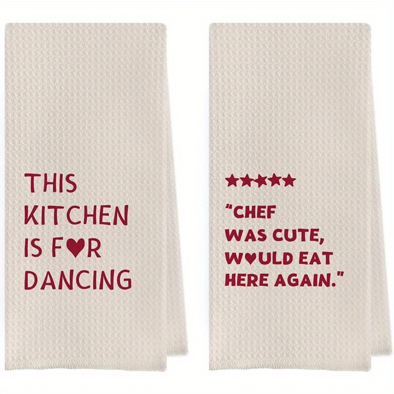 

Ensemble de 2 torchons de cuisine en polyester tissé, ultra , lavables en machine, en avec des phrases amusantes, cadeau idéal pour une pendaison de crémaillère.