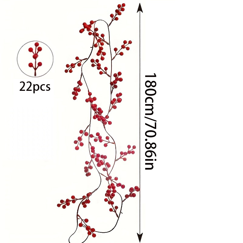 Image of 180cm/70.86in Realistic Vine With 22 Flower Heads, Christmas Berry Garland, Home Holiday Decor Pendant For Fireplace, Staircase, Christmas Tree, Wreath, And Christmas Home Decoration
