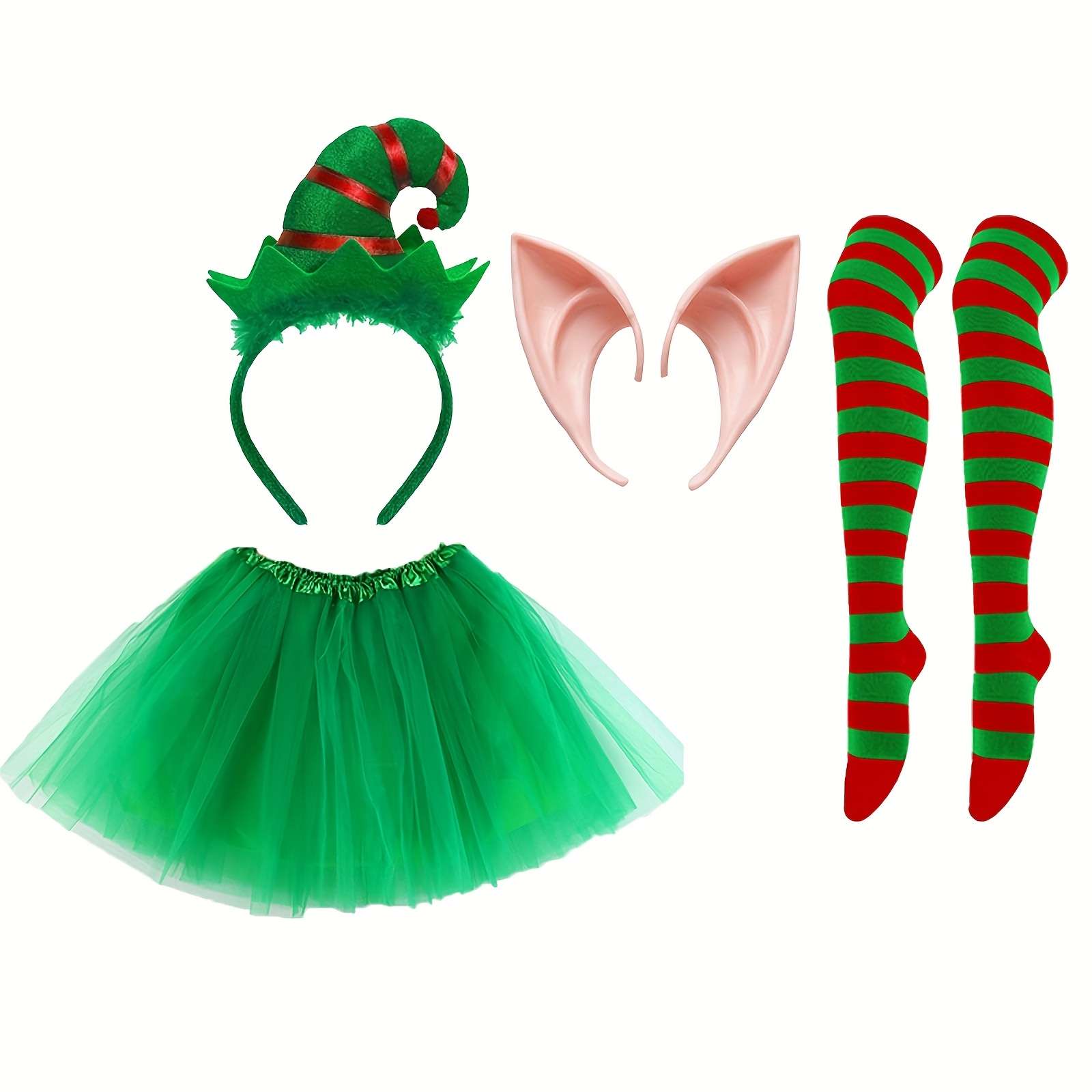 4pcs, Elf Costume Set - Complete Santa Claus Assistant Outfit, Including  Elf Hat, Ears, Striped Stockings, and Green Dress with Belt - Christmas  Party, Christmas Elf Outfit, Ladies' Outfit